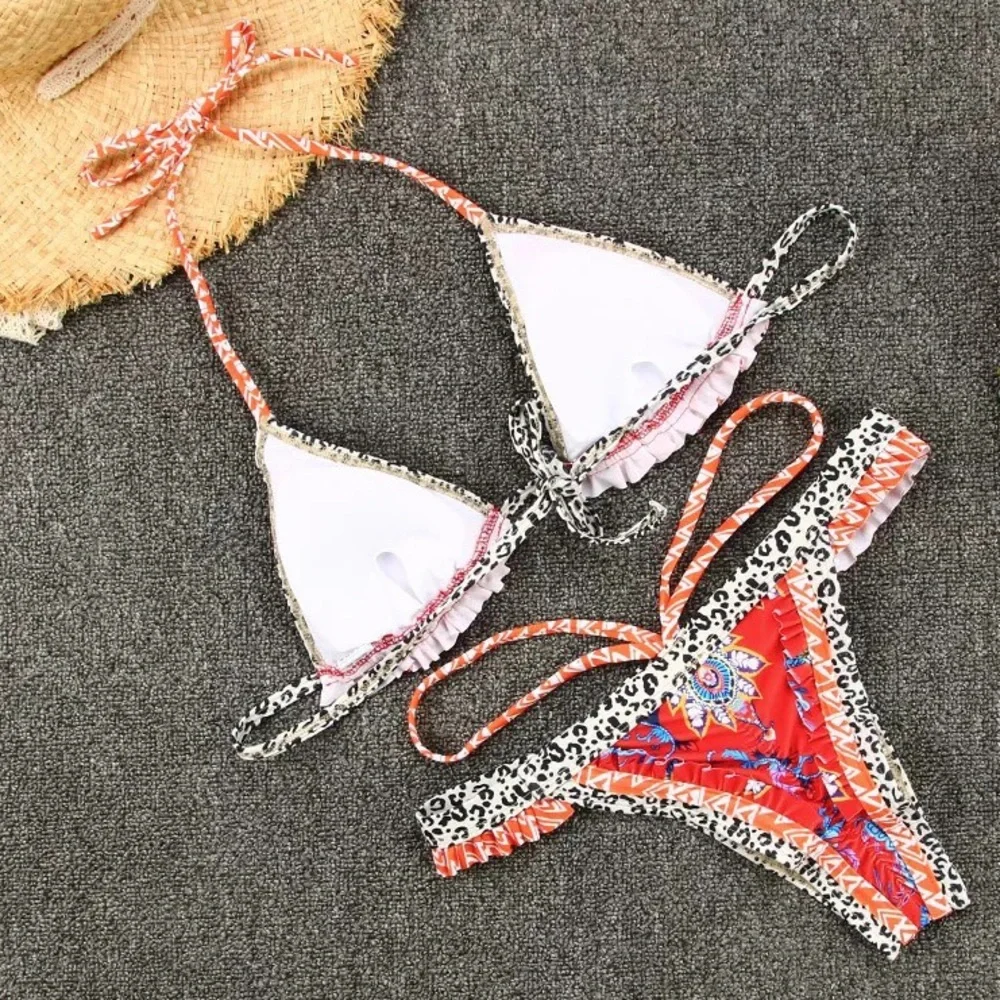 Red Thai Whispy Floral & Ruffle Brazilian Bikini